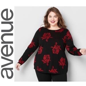 AVENUE Black Red Metallic Detail Rose Lightweight Sweater Whimsigoth Women 18/20